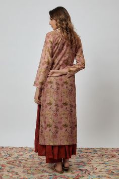 Rust chanderi kurta with floral print and sequins embroidered neckline. Comes with pant, a crushed cotton inner anarkali and an organza dupatta with fringed hem. - Aza Fashions Designer Kalamkari Print Sets With Straight Kurta, Festive Cotton Silk Sharara With Printed Motifs, Transitional Chanderi Sharara With Printed Motifs, Chanderi Sharara With Printed Motifs, Chanderi Straight Kurta Sharara With Printed Motifs, Festive Silk Kurta With Printed Motifs, Anarkali Palazzo Set With Kalamkari Print, Designer Kalamkari Print Palazzo Set For Navratri, Cotton Silk Sharara With Printed Motifs