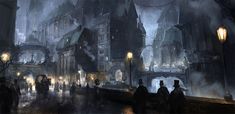 a painting of people walking down a street at night in an old city with tall buildings