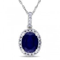 Blue Sapphire & Halo Diamond Pendant Necklace in 14k White Gold 2.90ct Blue Sapphire Diamond Pendant, Blue Diamond Necklace, Sapphire Diamond Pendant, Blue Pendant Necklace, White Gold Pendant Necklace, Blue Sapphire Pendant, Blue Sapphire Necklace, Accessories Blue, Diamond Birthstone