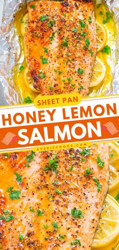 two pictures of salmon with lemons and parsley on the side, in foil