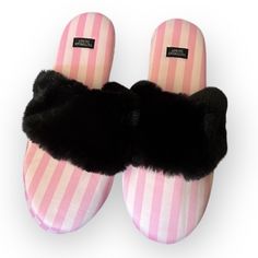 Victoria’s Secret Vs Striped Faux Fur Slippers S (5-6) New, Never Worn. Pink Synthetic Winter Slippers, Pink Synthetic Slippers For Indoor Use, Pink Flat Synthetic Slippers, Victoria Secret Slippers, Victoria Secret Shoes, Faux Fur Slippers, Y2k Pink, Fur Slippers, Pink Vs