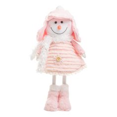 a small stuffed snowman wearing a pink dress and hat