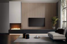 modern living room with fireplace and large screen tv