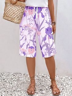 Women's Botanical Floral Design Print Lace-Up With Elastic Waist Loose Casual Pants Casual Purple Bottoms With Pockets, Relaxed Fit Capris With Pockets For Vacation, White Casual Capris For Vacation, White Summer Bottoms With Side Pockets, Summer Beach Capris With Pockets, Summer Vacation Capris With Pockets, White Casual Beach Capris, Spring Beach Cargo Pants, White Casual Capris For Beach