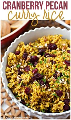 cranberry pecan curry rice in a white bowl