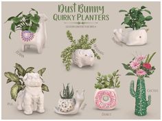 various ceramic planters with plants and animals on the top one is white, the other has pink flowers