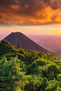 the sun is setting on top of a mountain with trees in the foreground and clouds in the background