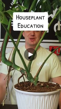 a man holding a potted plant with the words houseplant education