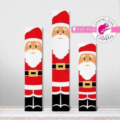 three christmas stockings with santa clauss on them, one is red and the other is black