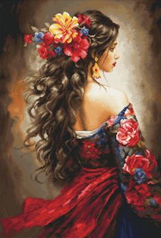 a painting of a woman with long hair wearing a red dress and flowers in her hair