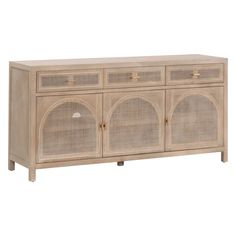 the sideboard is made out of wood and has wicker doors, two drawers, and