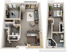 two bedroom apartment floor plans with one living room and the second bedroom in each unit