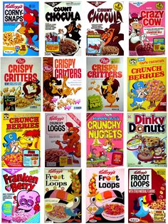 an assortment of cereal ads from the 1950's and 1960s's are displayed