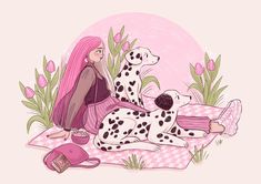 a woman sitting on top of a pink blanket next to a dalmatian dog