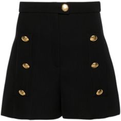 Luxury Shorts With Belt Loops, Luxury Workwear Shorts, Luxury Short Length Workwear Bottoms, Luxury Short Length Bottoms For Workwear, Elegant Short Bottoms With Button Closure, Luxury Black Short Bottoms, Elegant Short Bottoms With Buttons, Elegant Shorts With Buttons, Classic Short Length Bottoms With Buttons