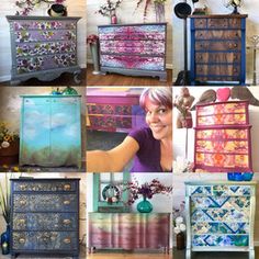 a collage of different colored dressers and drawers