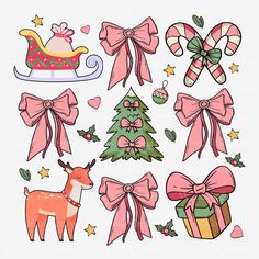 christmas decorations and bows are shown on a white background, with pink ribbons around them