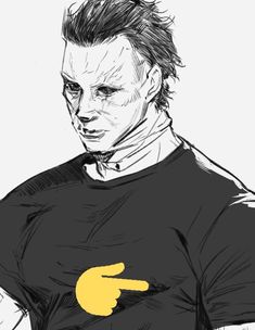 a drawing of a man wearing a black shirt with yellow hands on his chest and arm