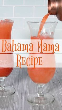 the banana mama recipe is being poured into two cocktail glasses with orange juice in them