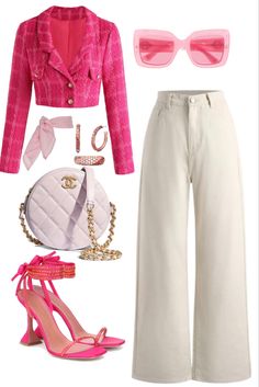 Barbie Outfits In The Movie, Barbie Outfits Purple, Barbie Inspired Party Outfits, Pink Outfits Barbiecore, Outfit Ideas For Barbie Movie, Barbiecore Outfit Winter, Barbie 2023 Outfits, Barbie Work Outfit, Modest Barbie Outfit