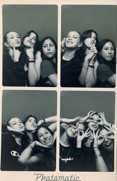 four black and white photographs of women posing for pictures together with their hands in the air