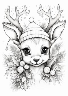 a black and white drawing of a deer wearing a knitted hat with holly leaves