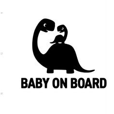 a baby on board sticker is shown in black and white with an image of a dinosaur