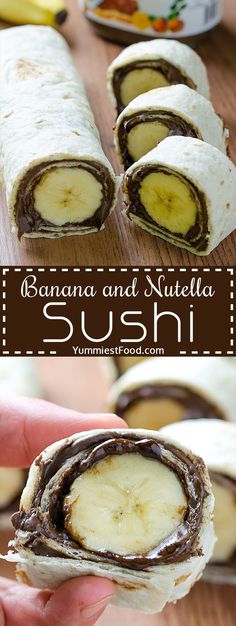 the banana and nutella sushi is cut in half