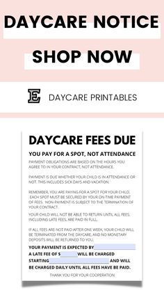 the day care notice is displayed in front of a pink background with black and white text