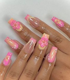 Acrylic Nails Coffin Short, Summer Acrylic Nails, Pink Acrylic Nails, Beach Nails, Yellow Nails, Square Acrylic Nails