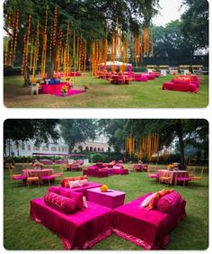 an outdoor setting with pink couches and yellow string lights hanging from the trees in the background