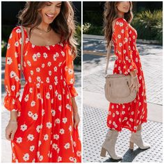 Add Some Major Style To Your Warbrobe ! Sugar+Lips Gorgeous Feminine Midi Dress. Made Of Quality Material In A Vibrant Red Color With A Contrasting Feminine Floral Pattern. Dress Is So Flowy And Flirty. Dress Drapes Perfectly. Top Is Smocked And Very Stretchy. Long Sleeves And Midi Length. Pair With Your Fave Western Cowboy Boots For An Instant Boho Chic Look ! The Perfect Dress For Any Event ! These Are New With Tags Add Your Likes To A Bundle And Save Multiple Items Bundled Pay One Shipping Fe Casual Spring Holiday Midi Dress, Red Midi Dress For Day Out In Spring, Spring Red Midi Dress For Day Out, Red Midi Dress For Spring Day Out, Casual Red Midi Dress For Brunch, Casual Red Midi Dress For Spring, Red Midi Dress For Holiday, Floral Pattern Dress, Dress Drape