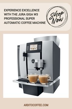 an advertisement for a coffee machine with two cups