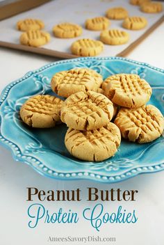 peanut butter protein cookies on a blue plate