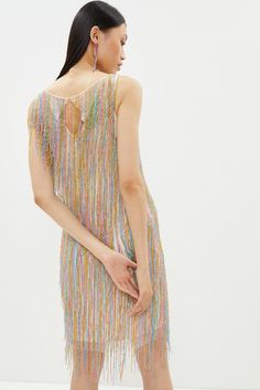 Style: Shift DressFabric: Hand StitchLength: MiniNeckline: CrewSleeve Length: Sleeveless Iridescent Dress, Fringe Mini Dress, Quick Delivery, Dress Collection, Dress Outfits, Buy Online, Shop Now, Rainbow, Mini Dress