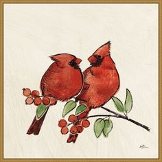 two red birds sitting on top of a tree branch with berries and leaves around them