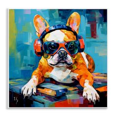 a painting of a dog wearing headphones and sunglasses