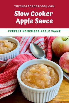 two bowls filled with apple sauce on top of a wooden table