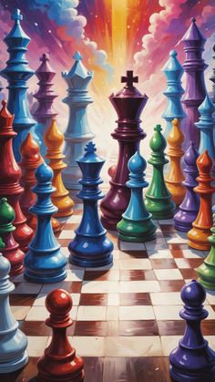 a painting of a chess board with many different colored pieces on the board and in front of it