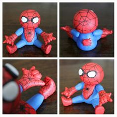 four pictures of spider - man action figures on a table, including the face and hands