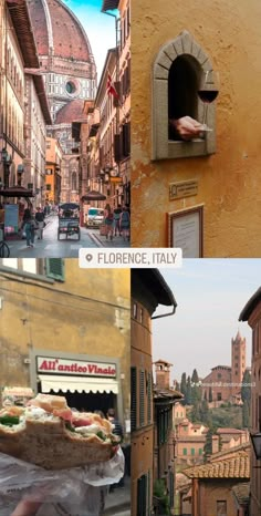 there are two pictures one has a sandwich and the other shows an old building in italy