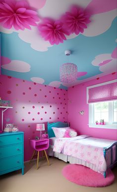 a bedroom decorated in pink and blue with clouds painted on the ceiling