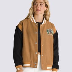 The Piper Stadium Jacket is a fully lined, letterman-style jacket in contrasting tones of tan and brown with a jacquard rib and chenille patch on the front. 60% Polyester, 39% Wool, 1% Nylon fabric Jacquard rib Lined Chenille patch | Vans Piper Stadium Jacket Womens XS Back To School Shoes, Vans Store, Chenille Patch, Vans Logo, Nylon Fabric, Brown Sugar, Hoodies Womens, Jackets For Women, Wool