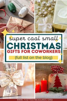 christmas gifts for coworkers with text overlay that reads super cool small christmas gifts for cowors full list on the blog