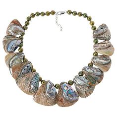 Kwan Collections Cultured Green Pearl and Abalone Shell 19" Necklace  Stand out from the crowd when you accessorize with this unique pearl and shell necklace. It features peacock-green pearls paired with shimmering abalone shells to create a bold statement piece that's sure to turn heads your way!        Approx. 19"L x 1-3/16"W with 2" extender     Stamped .925     Lobster claw clasp     Green pearl necklace has triangular pieces of abalone shell strung along drape   Stone Information       All Green Pearl Necklace With Pendant, Green Pearl Necklace With Pearl Pendant, Green Pearl Necklaces With Pearl Pendant, Elegant Abalone Shell Necklace, Green Shell Necklace For Gift, Elegant Multicolor Mother Of Pearl Necklaces, Elegant Beaded Abalone Shell Necklace, Green Pearl Necklace, Necklace Stand