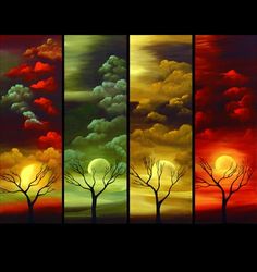 four panels with trees and clouds in different colors