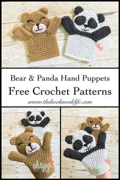 crocheted bear and panda hand puppets with text overlay