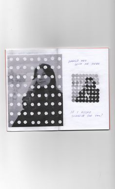 an open book with black and white polka dots on the pages, which has a woman's face in it