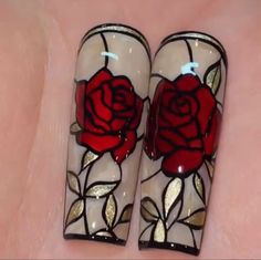 Floral Nail Decals, Grunge Nail Art Designs, Acrylic Nails With Roses, Goth Flower Nails, Rose Acrylic Nails Design, Stain Glass Nail Art, Romantic Nails Designs, Vintage Halloween Nails, Goth Valentines Nails