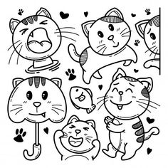 coloring pages for kids with cats and dogs in black and white, on a white background